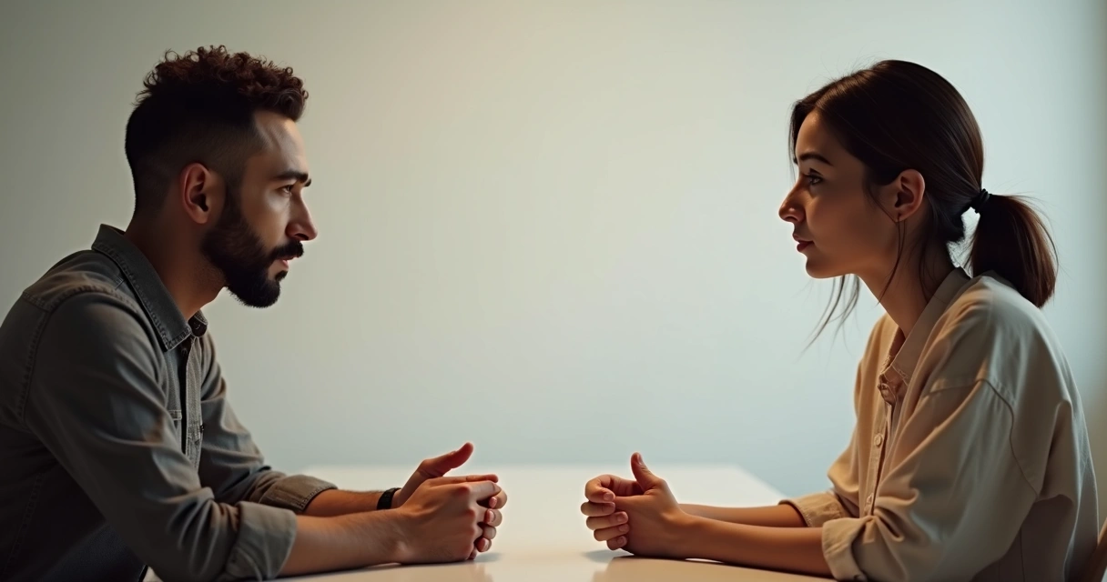 Dos personas sentadas frente a frente dialogando con calma 