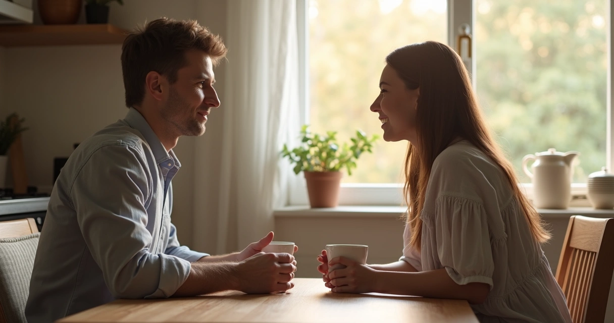 Casal conversando calmamente na cozinha