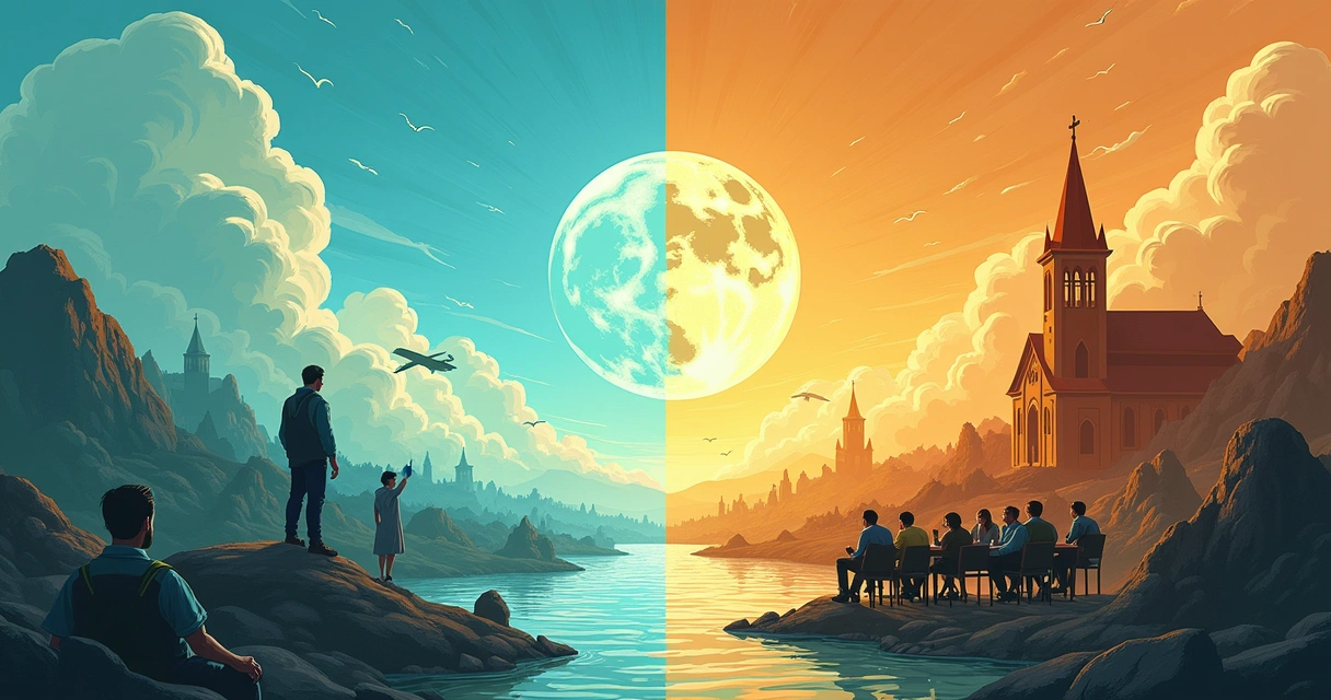 Ilustração mostrando o diálogo entre ciência e criacionismo com elementos científicos e religiosos em diálogo.
