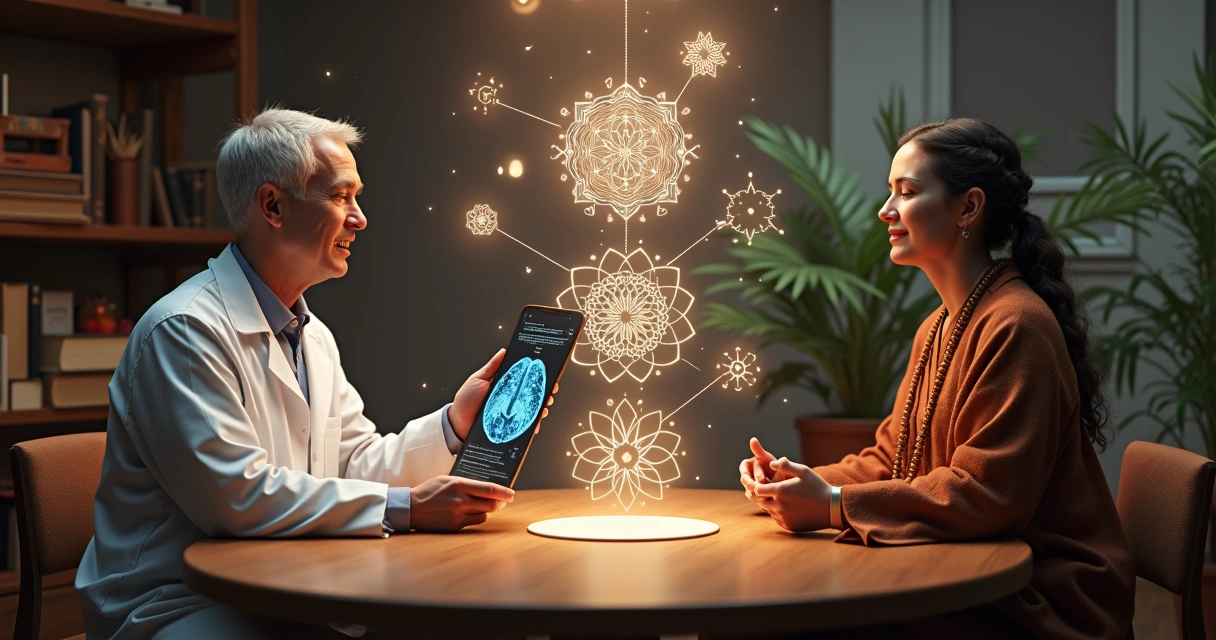 Personas dialogando con símbolos de ciencia y espiritualidad 