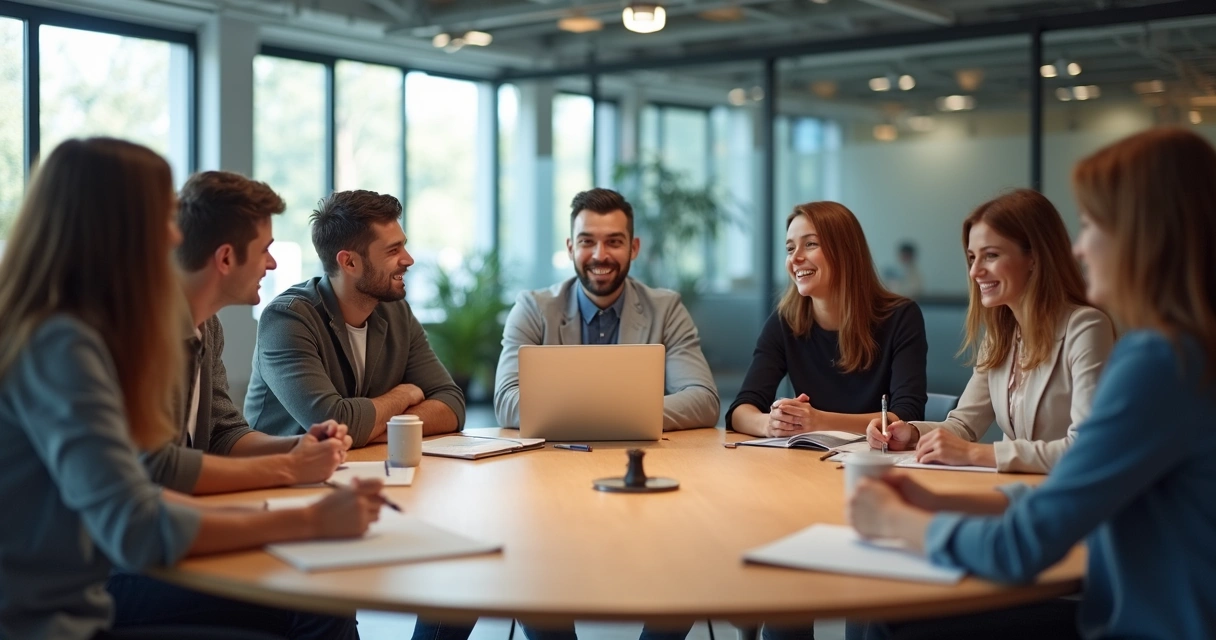 Equipes reunidas em torno de uma mesa discutindo em colaboração 