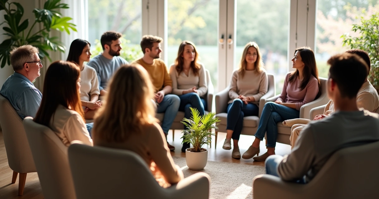 Grupo de pessoas conversando calmamente em uma sala iluminada 
