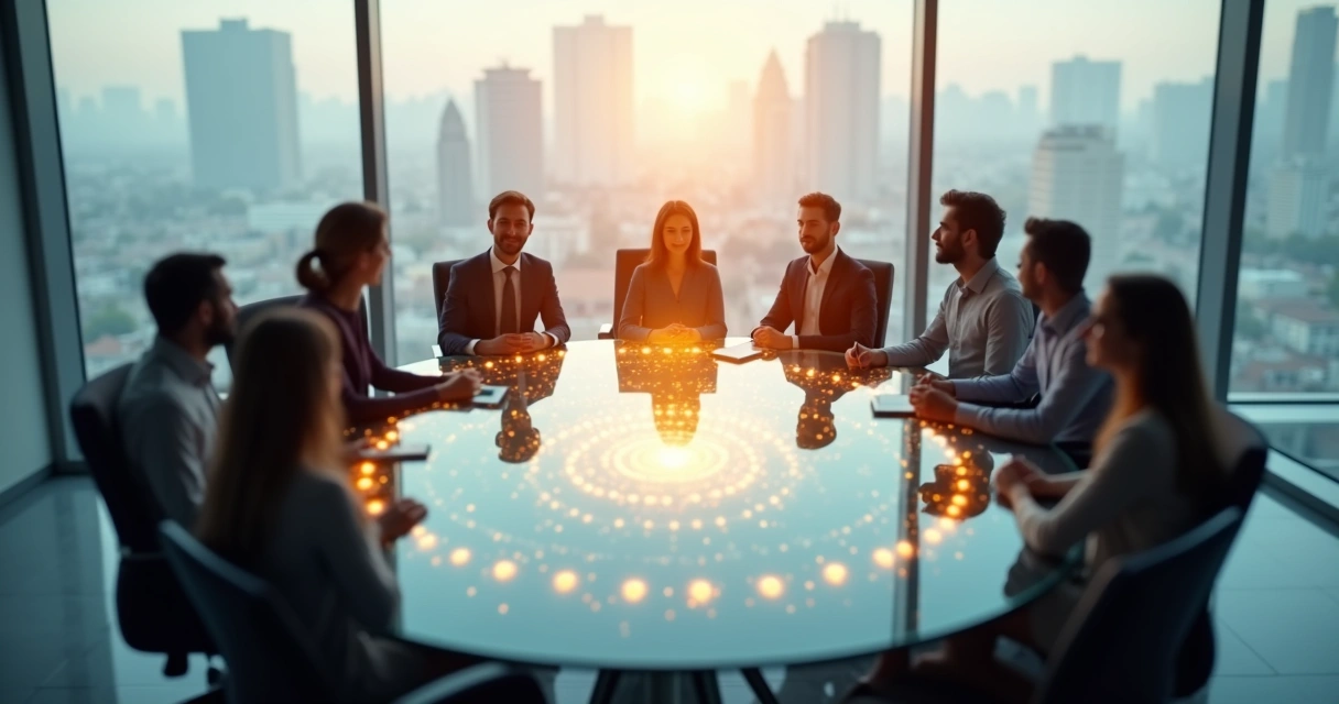 Mesa redonda con siluetas discutendo rodeadas de ondas de color armoniosas 