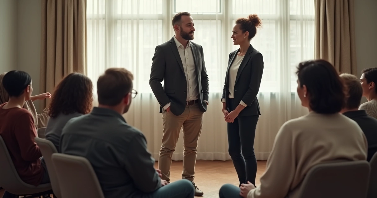 Duas pessoas dialogando no centro de um círculo com grupo observando atencioso 
