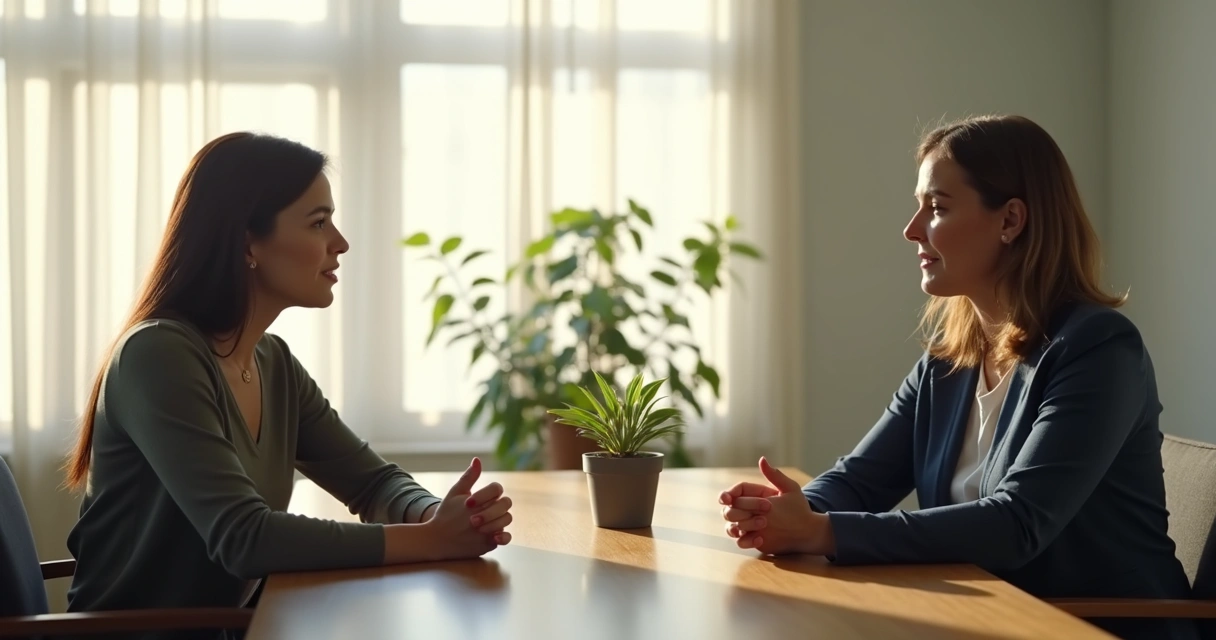 Duas pessoas sentadas frente a frente em conversa tranquila 