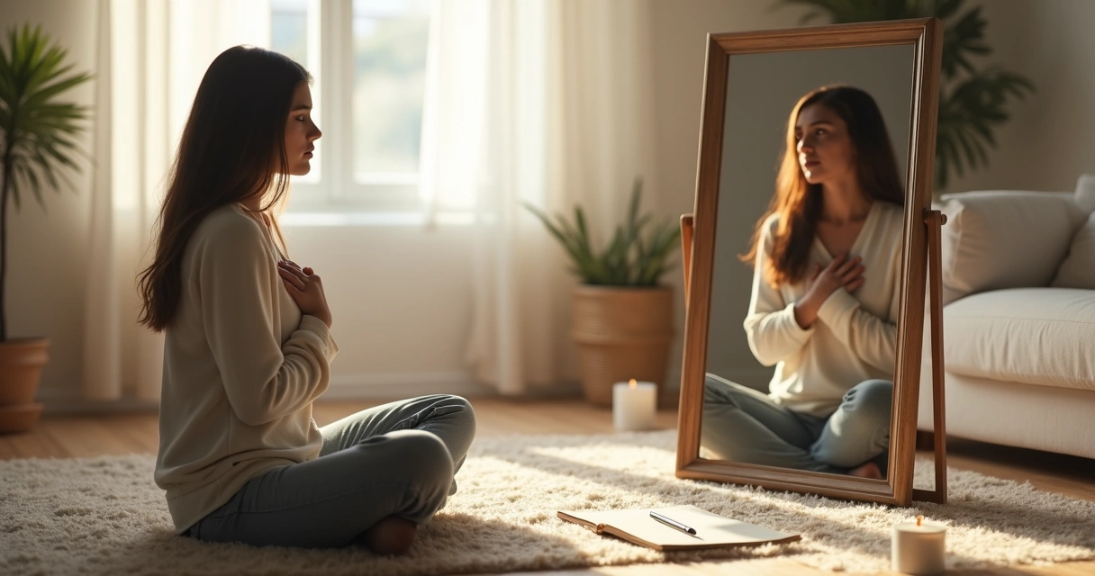 Pessoa sentada em silêncio diante do espelho com expressão serena e acolhedora 