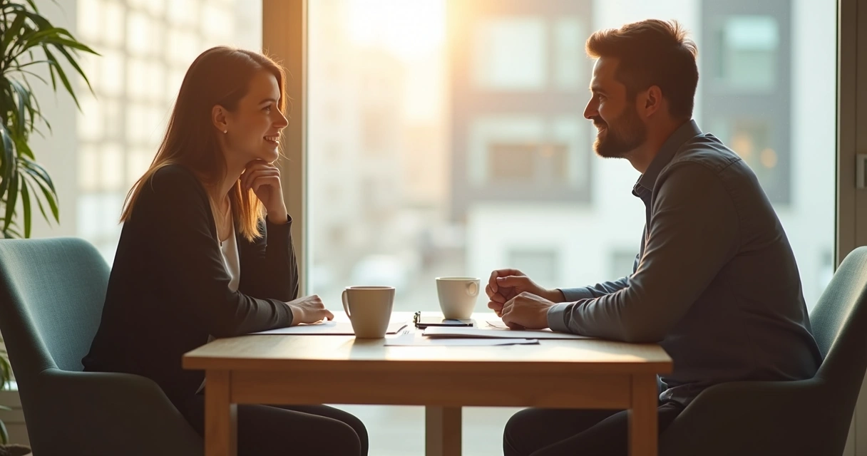 Duas pessoas sentadas conversando calmamente em uma sala iluminada, demonstrando empatia e respeito mútuo. 