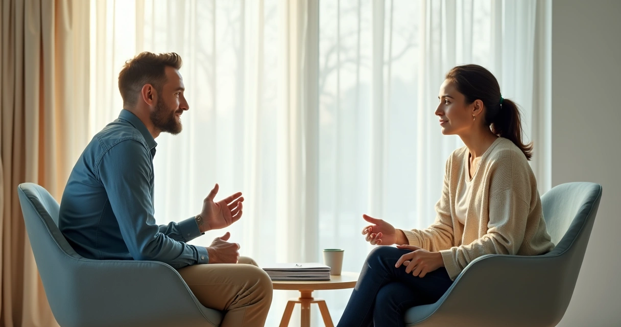 Duas pessoas conversando com atenção em ambiente claro