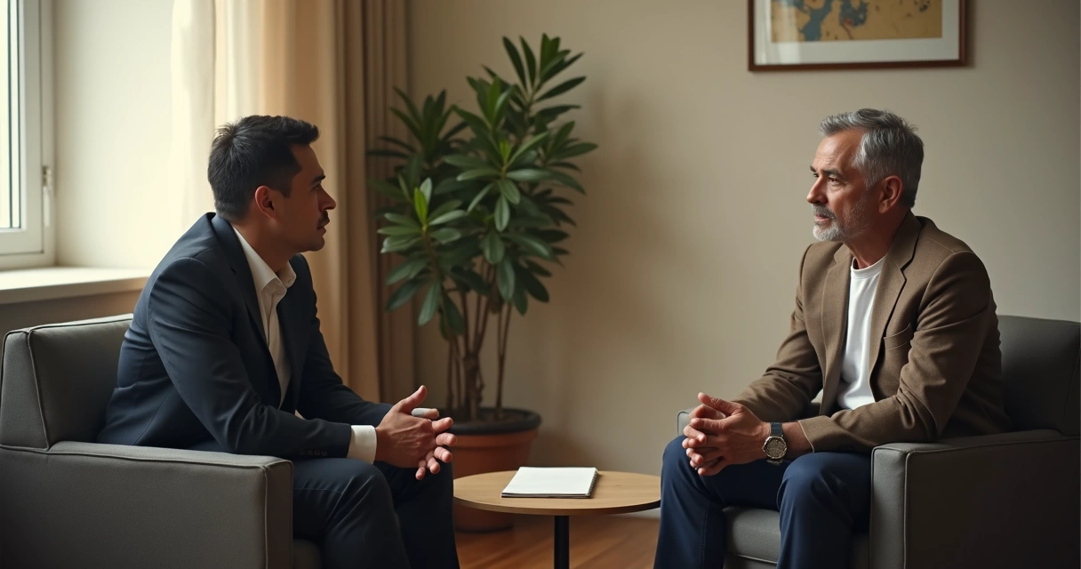 Duas pessoas conversando com postura firme e respeitosa 