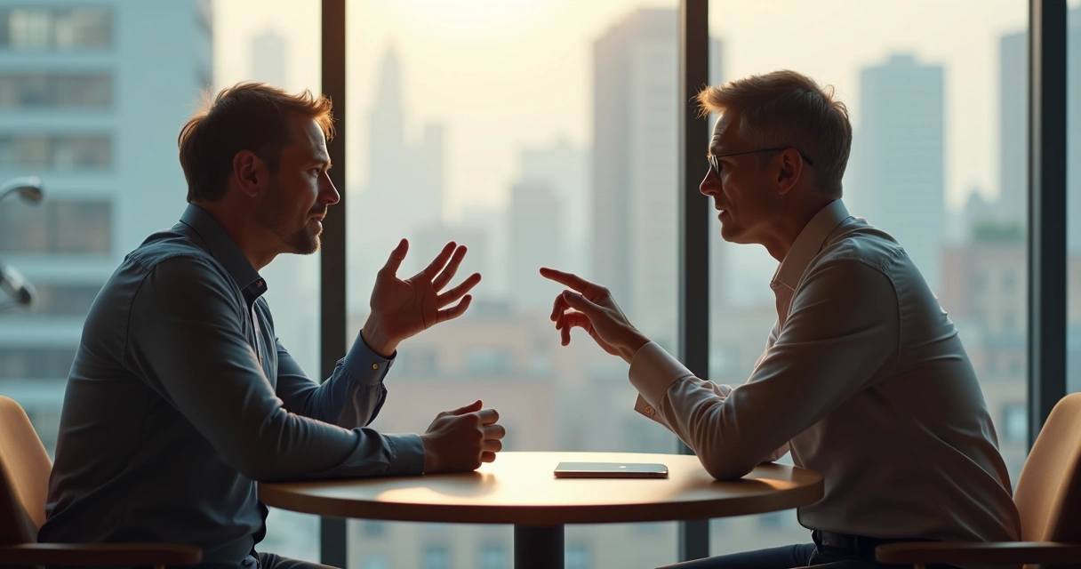 Duas pessoas conversando, sendo que uma delas utiliza gestos com as mãos para ilustrar uma metáfora durante o diálogo