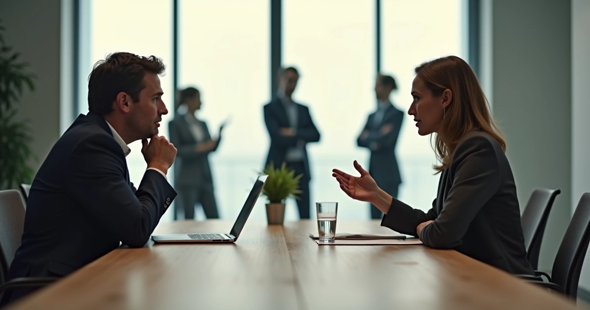 Duas pessoas conversando em uma mesa com expressão serena em meio a um ambiente de tensão controlada 