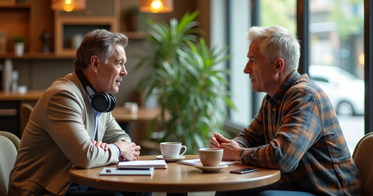 Duas pessoas diferentes conversando com calma em uma mesa, demonstrando escuta e empatia 