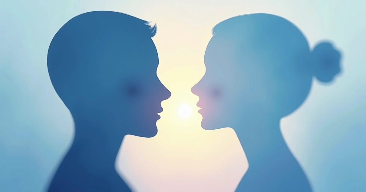 Duas silhuetas se olhando em harmonia, representando autodiálogo compassivo 