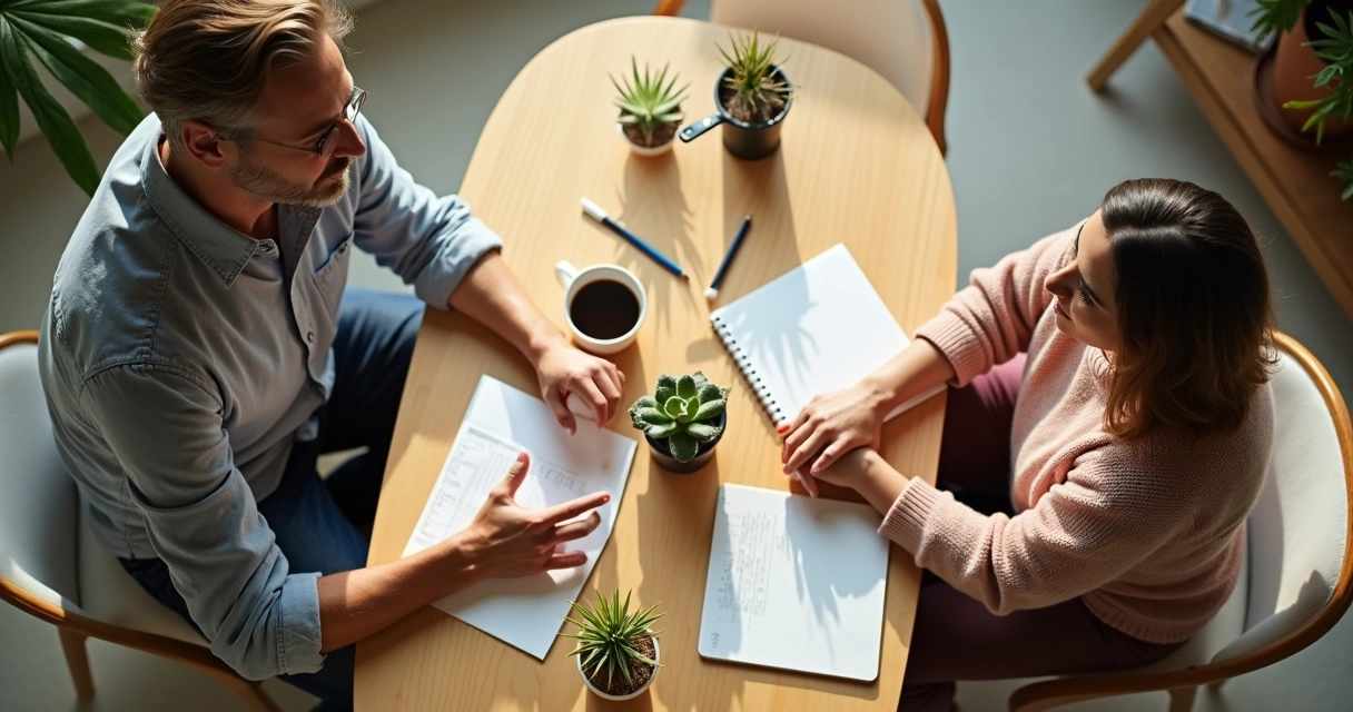 Duas pessoas conversando calmamente em mesa de madeira clara com cadernos e xícaras de café. 