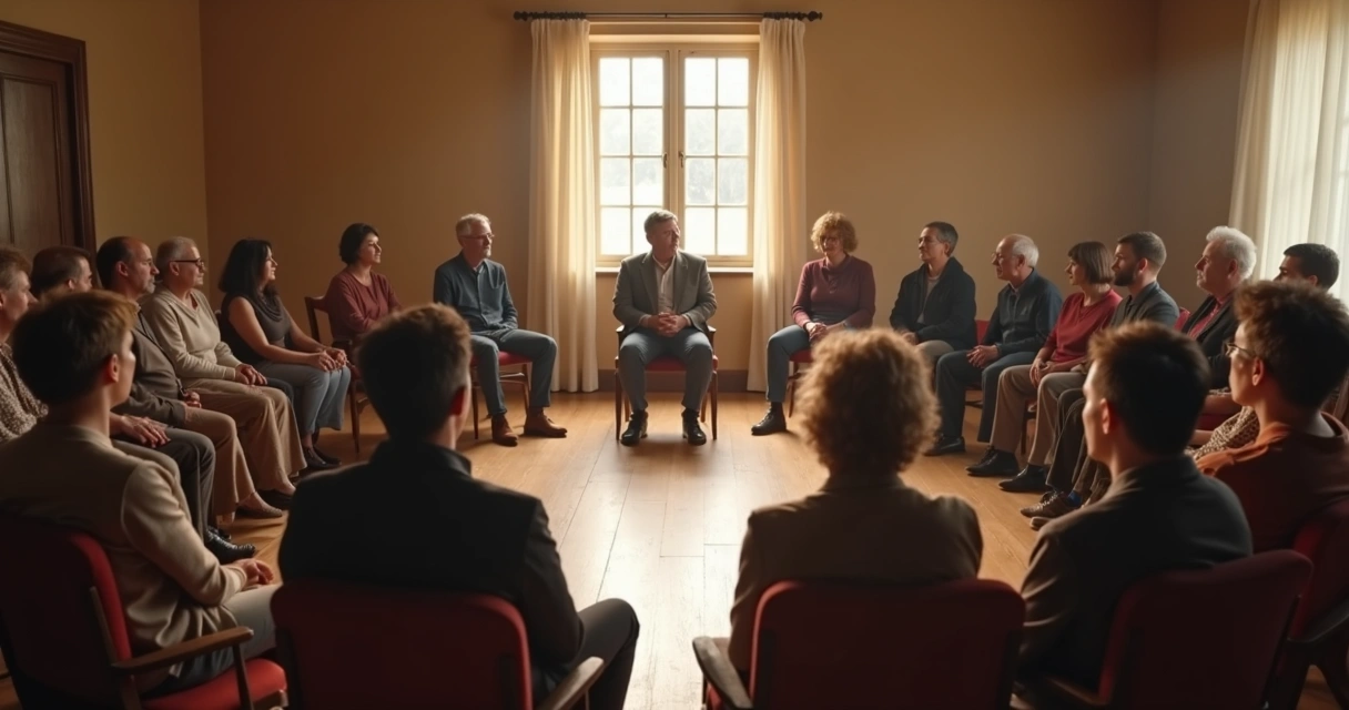 Pessoas em círculo em um centro comunitário, ouvindo em silêncio 