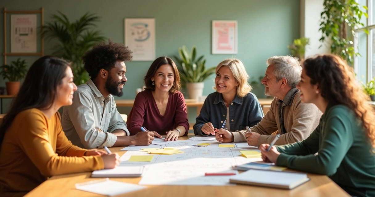 Personas colaborando en mesa con notas y ambiente de confianza 