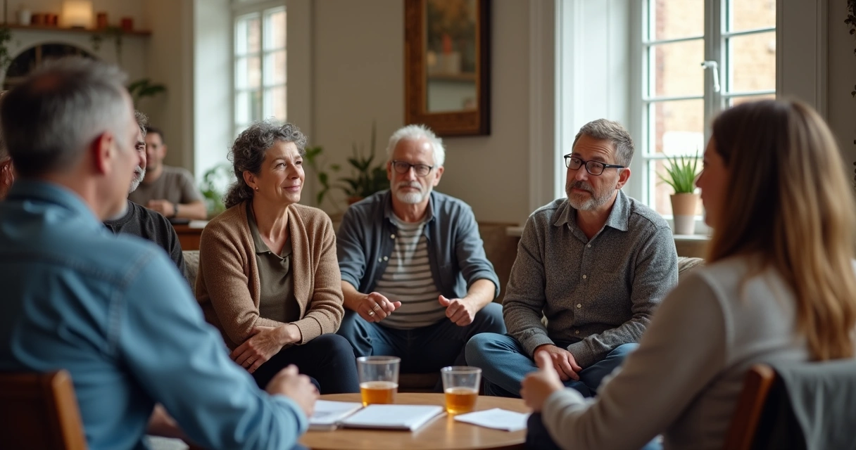 Grupo de pessoas diversas sentadas em círculo discutindo temas em um ambiente comunitário interno