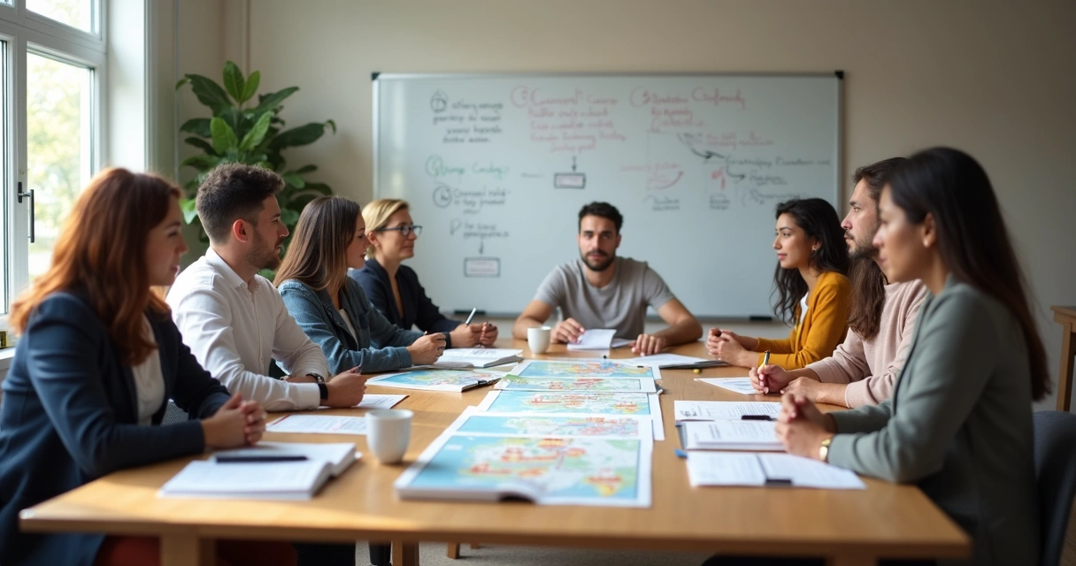 Grupo en mesa de trabajo comunitario revisando datos y propuestas 