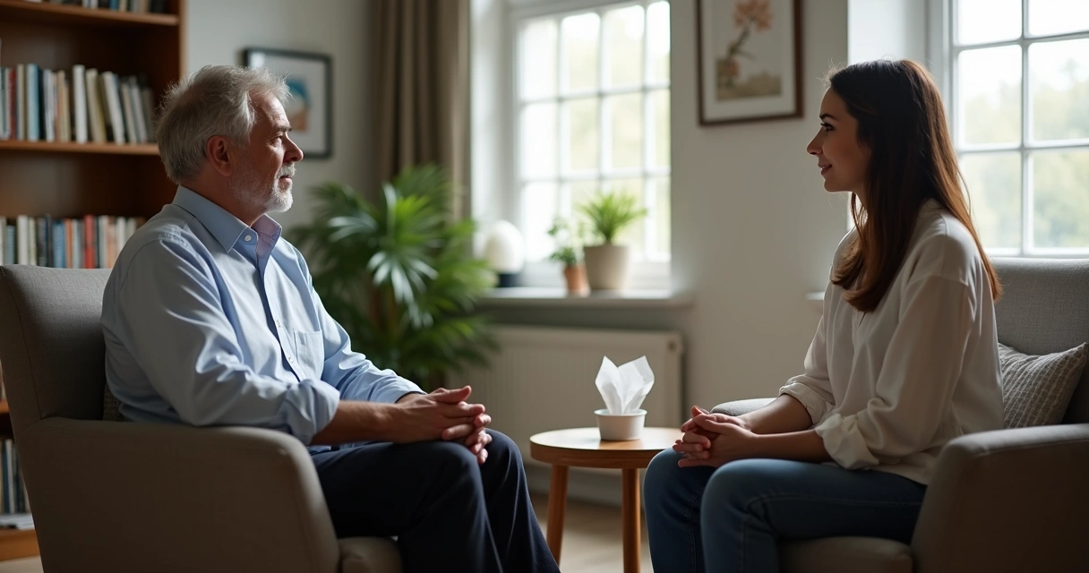 Paciente conversando com psicanalista em ambiente acolhedor e seguro 