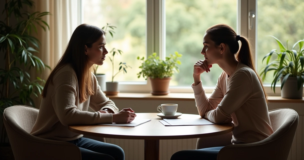 Duas pessoas sentadas conversando sobre autopercepção e consciência 