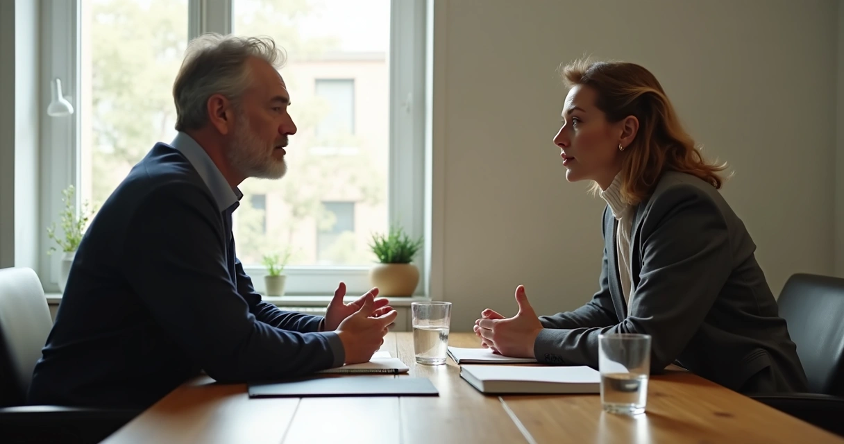 Dos personas conversando con calma en una mesa
