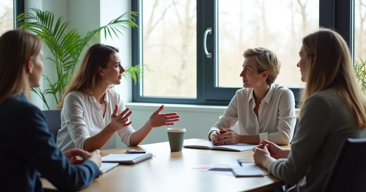 Quatro pessoas em uma sala, ouvindo atentamente enquanto uma delas fala, rostos serenos e expressão de escuta ativa. 