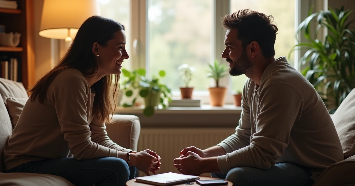 Duas pessoas sentadas conversando de maneira aberta em ambiente confortável 