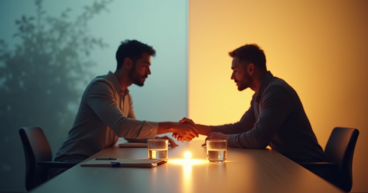 Duas pessoas em lados opostos de uma mesa com luz quente apertando as mãos sobre um círculo de luz no centro 