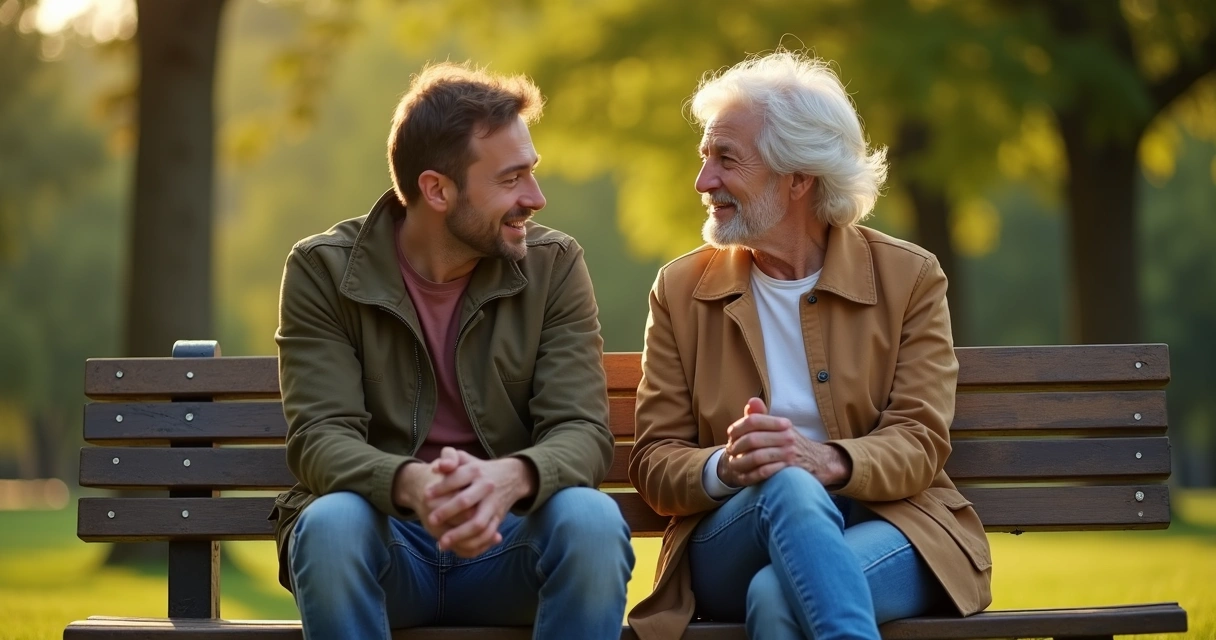 Dois amigos conversando sentados em um parque 
