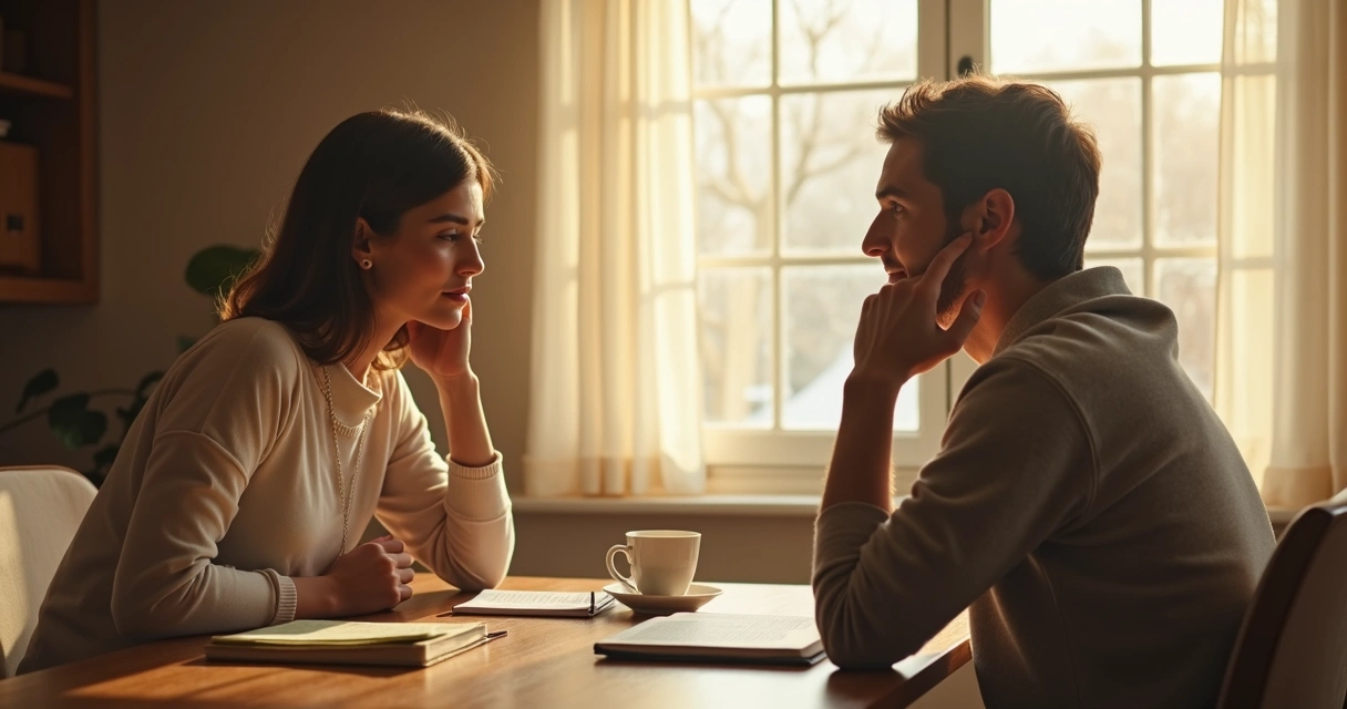 Casal conversando com calma à mesa