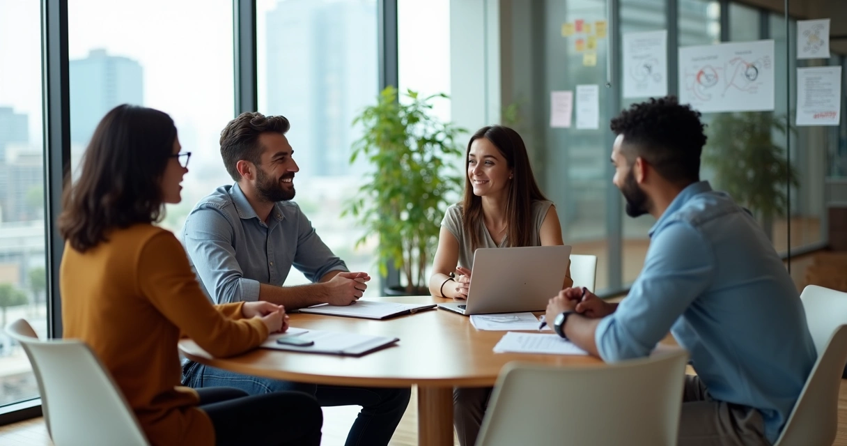 Equipe diversa em reunião circular praticando diálogo consciente em sala moderna 