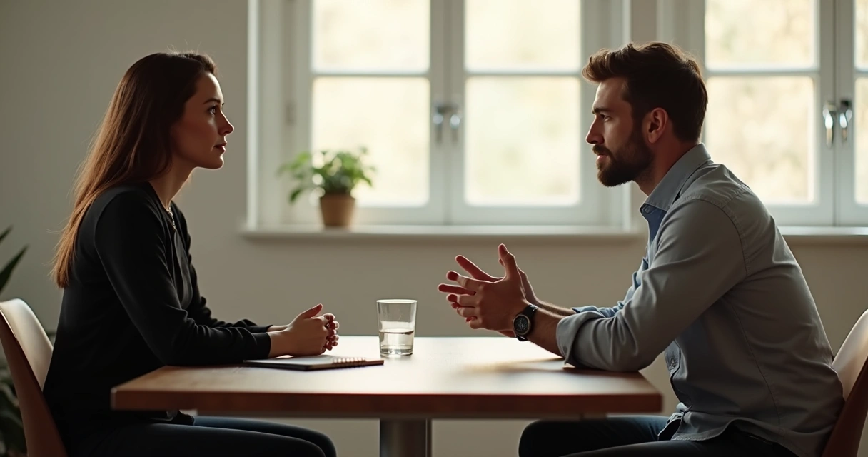 Dos personas hablando con calma en una mesa sin teléfono visible 