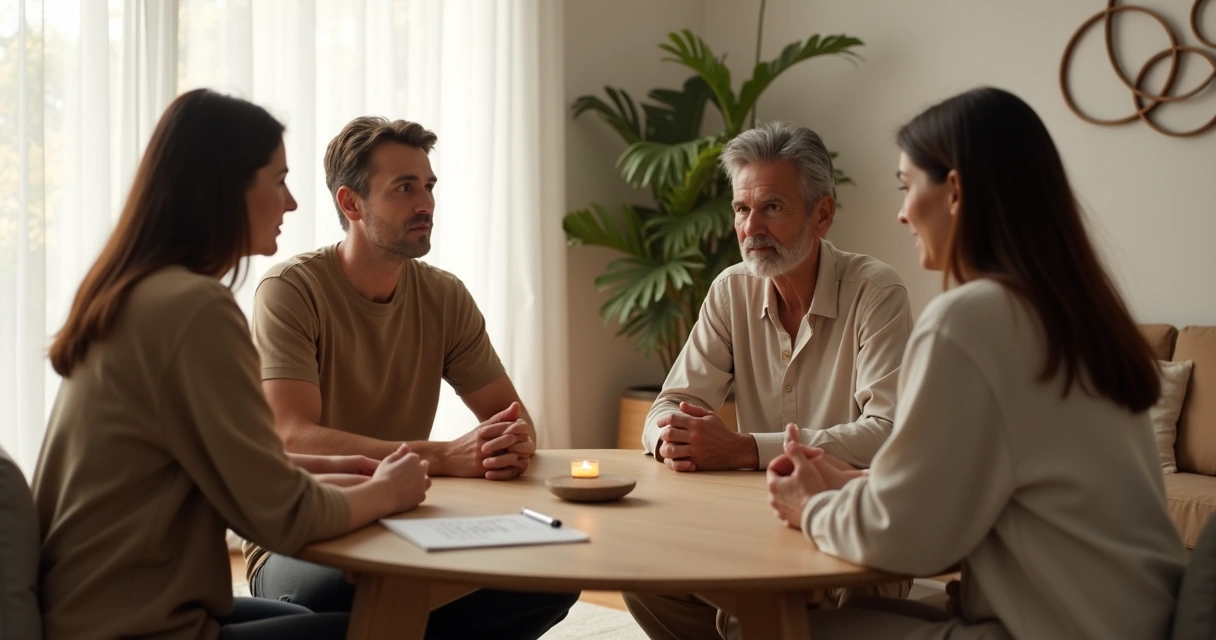 Personas dialogando en torno a una mesa redonda con ambiente sereno 