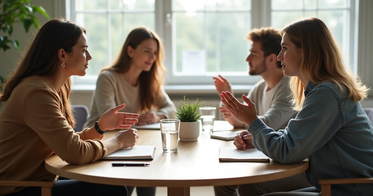Quatro pessoas conversando em mesa redonda com clima de escuta e respeito 
