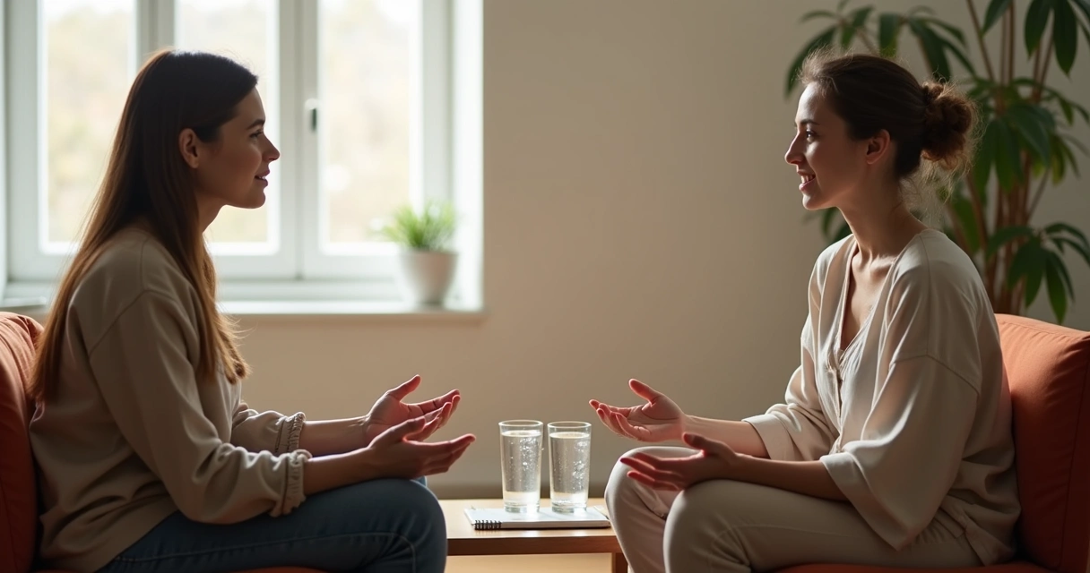 Dos personas conversando con atención en un espacio tranquilo 