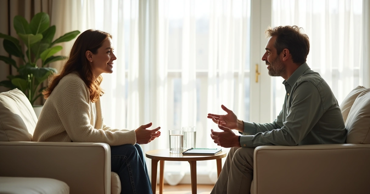 Dos personas conversando con calma en un espacio luminoso 