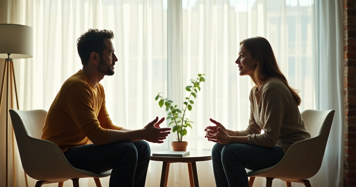 Dos personas conversando con atención en un espacio tranquilo 