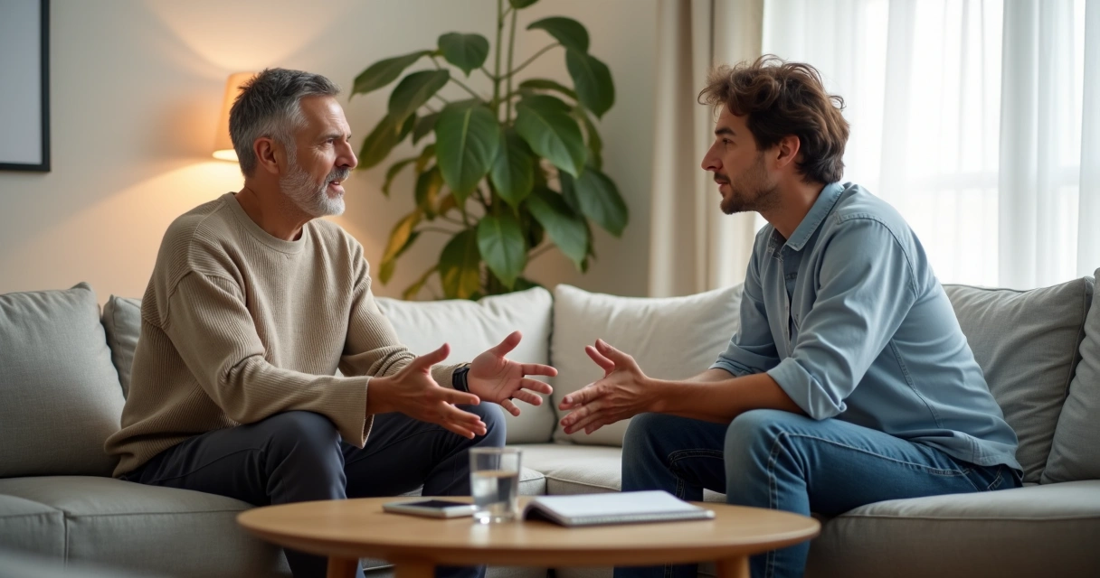 Casal sentado frente a frente conversando com calma na sala de estar 