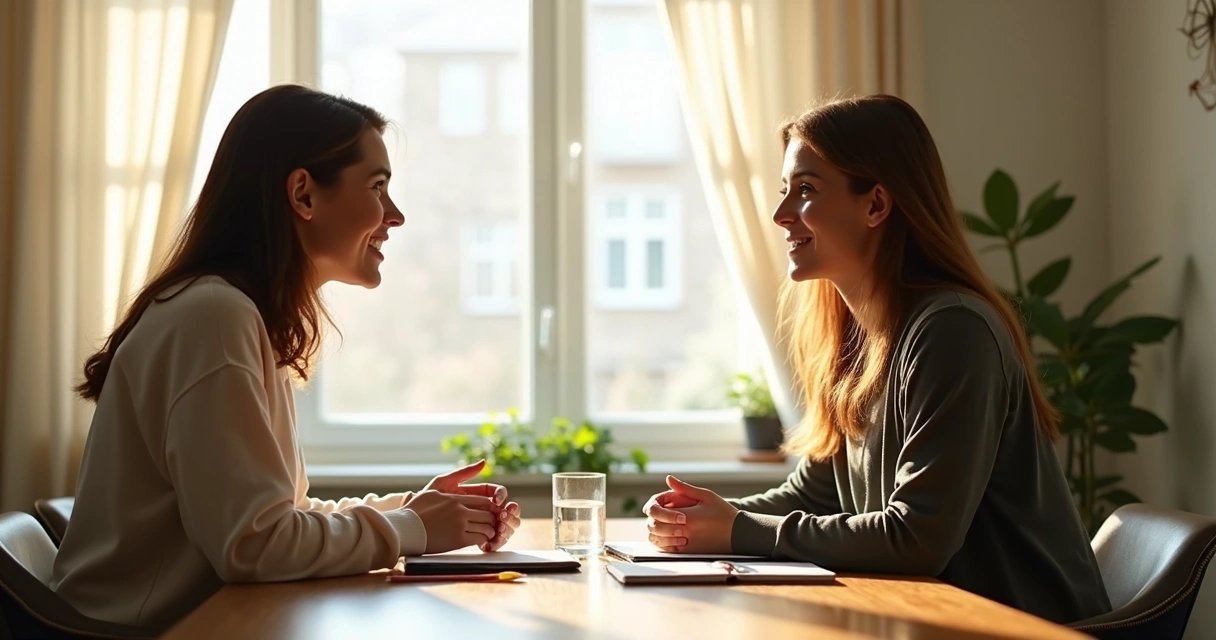 Duas pessoas conversando calmamente em uma sala iluminada por luz natural, com atenção plena uma na outra