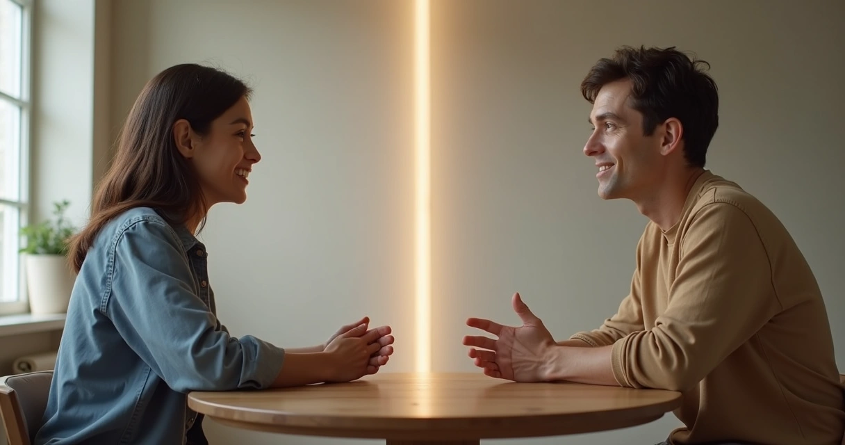 Dos personas dialogando frente a frente con un puente de luz entre ellas 