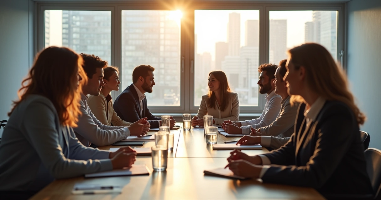 Colaboradores debatendo com calma em sala de reunião, clima colaborativo