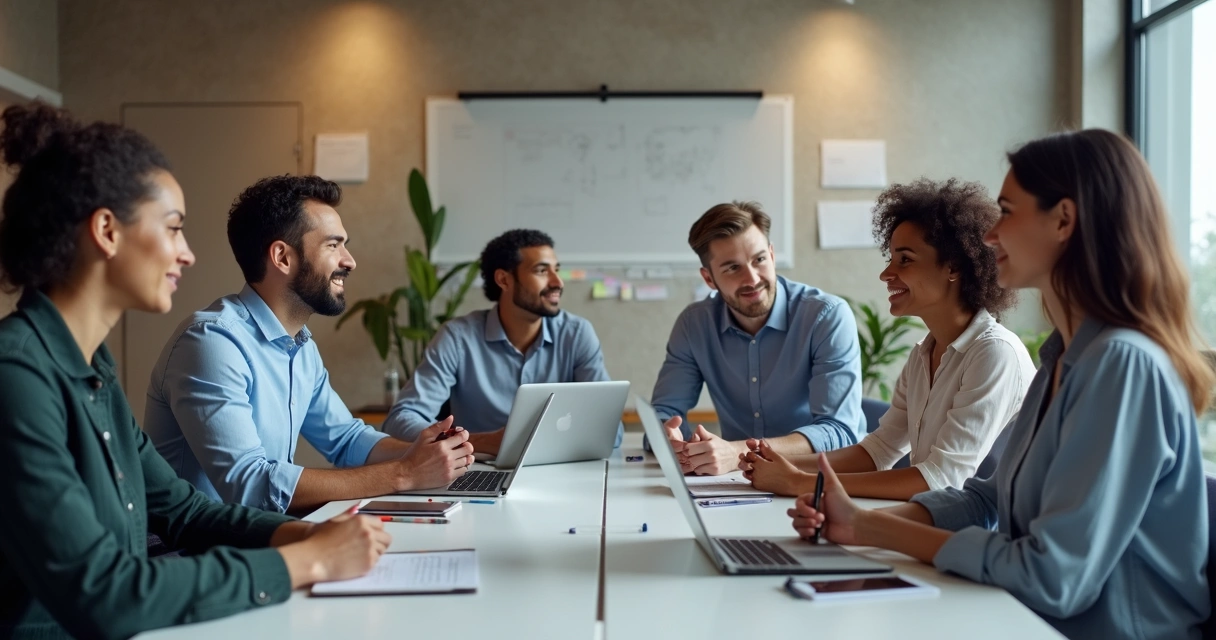 Colaboradores em reunião, dialogando de forma construtiva 