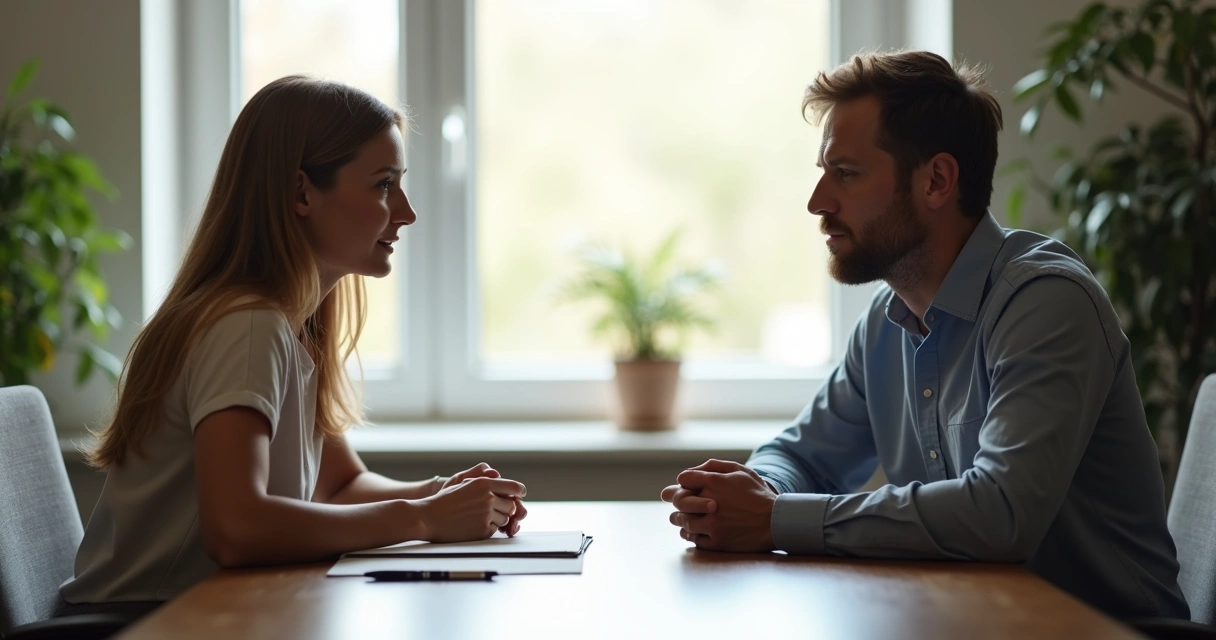 Duas pessoas sentadas à mesa conversando e resolvendo um conflito de forma respeitosa 
