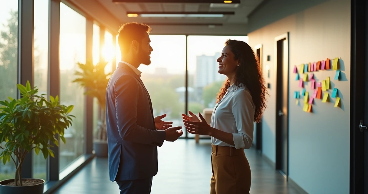 Duas pessoas em escritório conversando, expressão aberta e gesto de mãos 