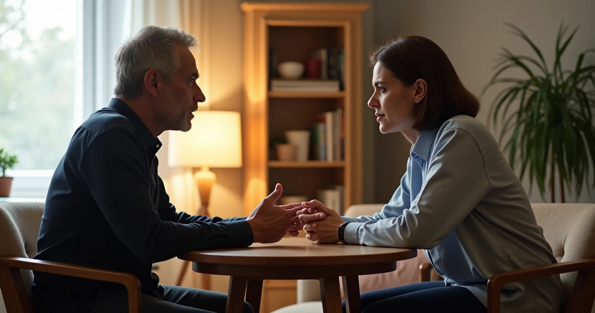 Duas pessoas conversando frente a frente em clima calmo e respeitoso 