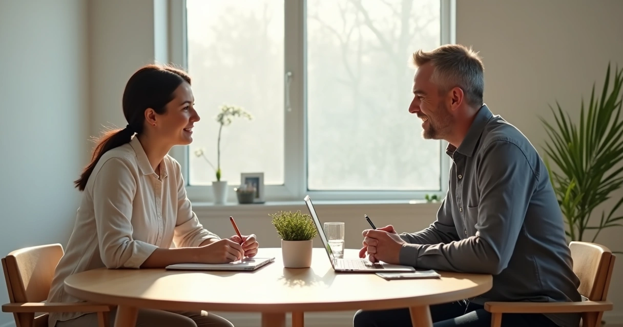 Duas pessoas em lados opostos de uma mesa redonda inclinando-se para um diálogo calmo e respeitoso 