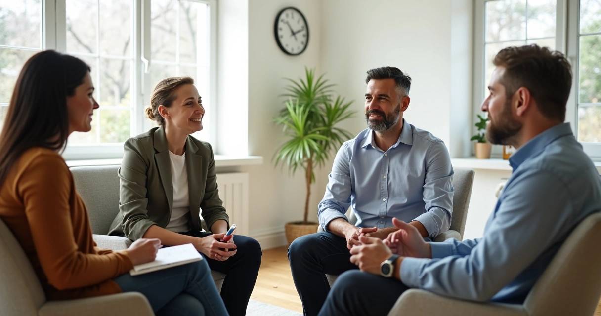 Quatro pessoas sentadas em círculo conversando de forma atenta e respeitosa em uma sala iluminada