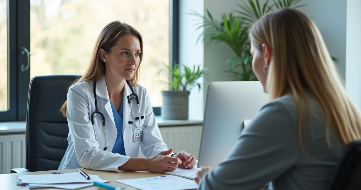 Profissional de saúde conversando com paciente em consultório tranquilo 