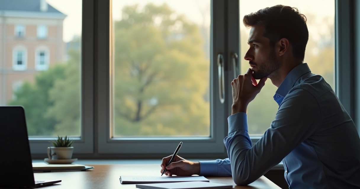 Persona reflexionando en una oficina mirando por la ventana