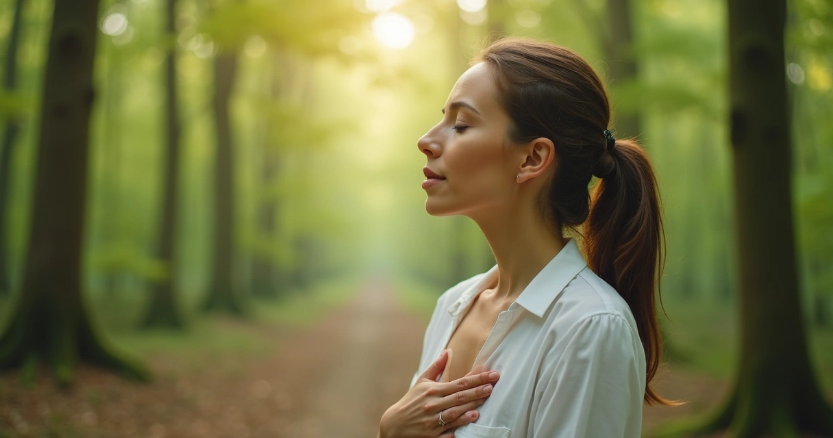 Mulher de olhos fechados em ambiente natural com mão no peito, em estado meditativo